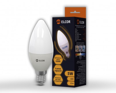 Фото1 Лампа LED C37 5Вт Е14 свечка 4200К ELCOR