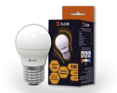 Фото1 Лампа LED G45 5Вт Е27 шарик 4200K ELCOR